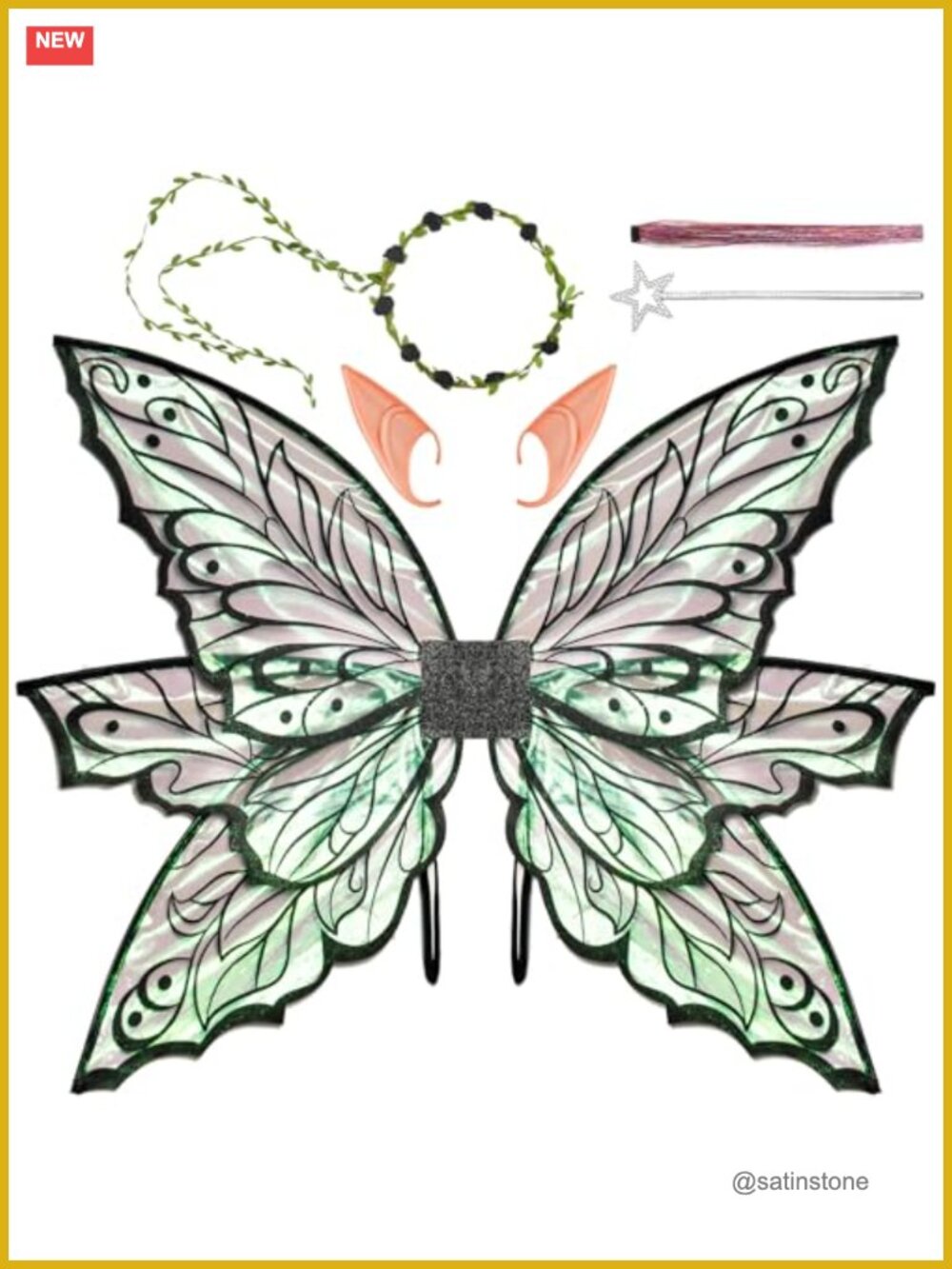 Iridescent Glitter Fairy Wings Costume Set with Wand Crown